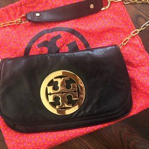 Tory Burch Clutch Logo Black Leather Crossbody